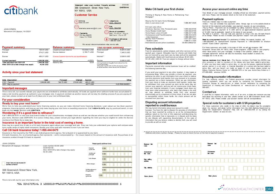 Download USA Citi bank mortgage statement in Word and PDF formats, 2 pages Photoshop template